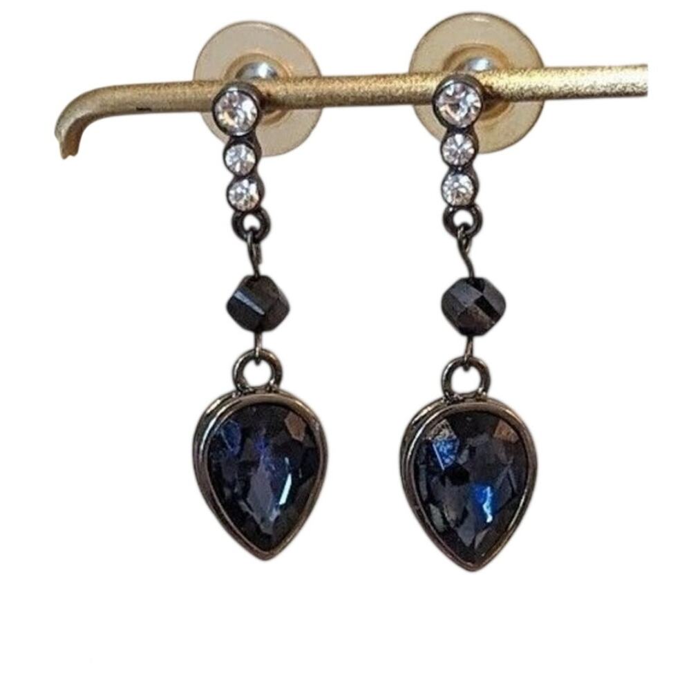 Vera Wang Blue Crystal and Rhinestone Dangle Post Gun Metal Earrings